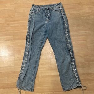 Women's Blue Jeans with Lace-Up Sides
